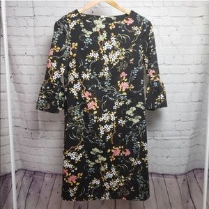 Jules & Leopold Black Floral Bird Print Dress Midi Boho Bohemian Stretch